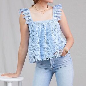 Chic Blue Crochet Ruffle Blouse